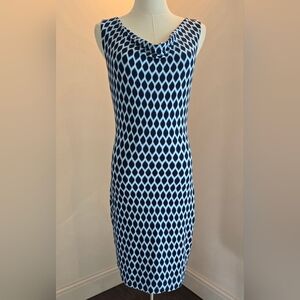 Tart Sleeveless Cowl Neck Dress Back Cut-Out Blue & White Diamond Print Sz. S
